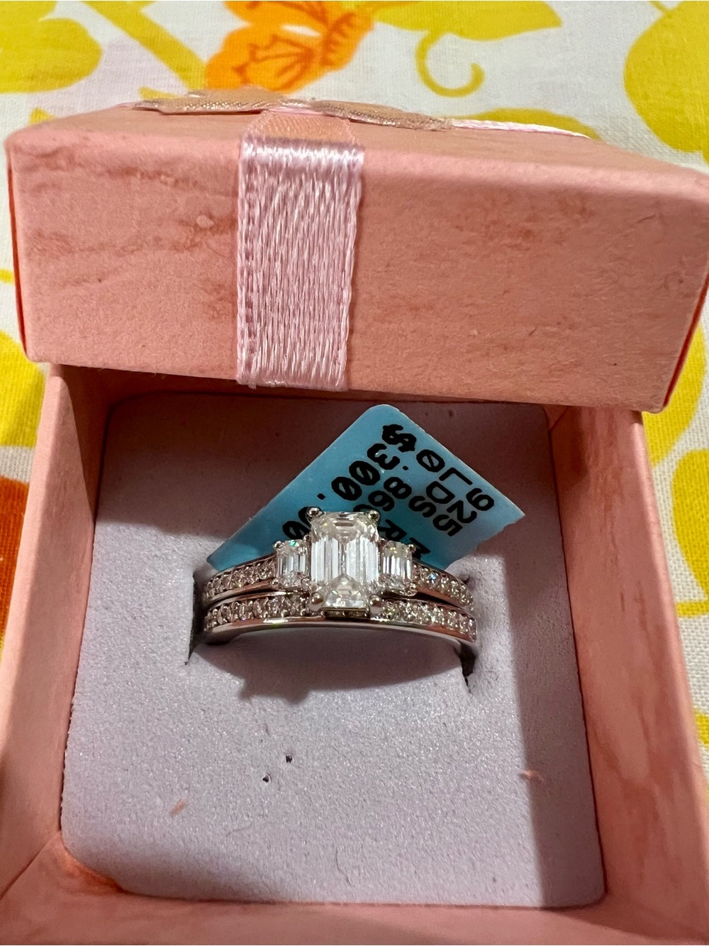 925 Silver Emerald-Cut Moisanite  Bridal Ring Set - Pink Box Presentation
